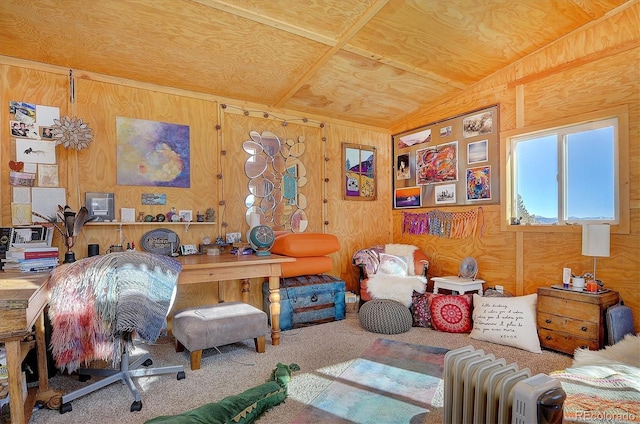 interior space with carpet flooring and wooden walls