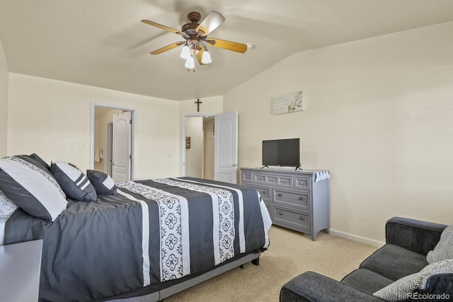bedroom with baseboards, ceiling fan, light carpet, and lofted ceiling