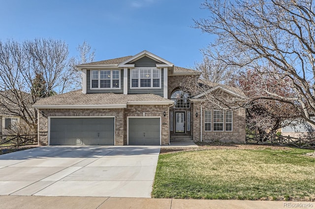 view of front of property with a front yard, brick siding, an attached garage, a shingled roof, and driveway