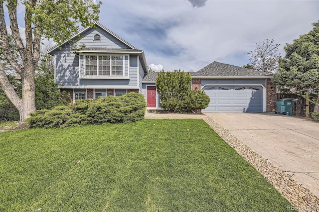 1758 S Ensenada St, Aurora, CO 80017 - view of front facade with brick siding, concrete driveway, an attached garage, and a front lawn