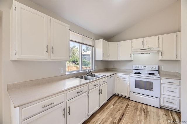 1758 S Ensenada St, Aurora, CO 80017 - kitchen featuring white appliances, under cabinet range hood, a sink, white cabinetry, and vaulted ceiling