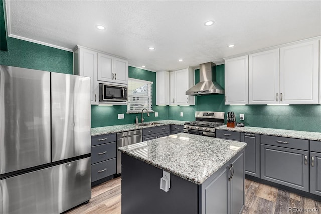 kitchen with light wood-style flooring, a sink, appliances with stainless steel finishes, gray cabinets, and wall chimney exhaust hood