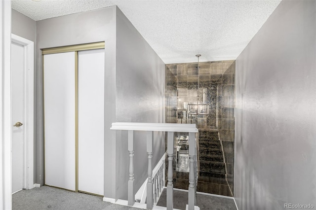 staircase featuring a textured ceiling and carpet