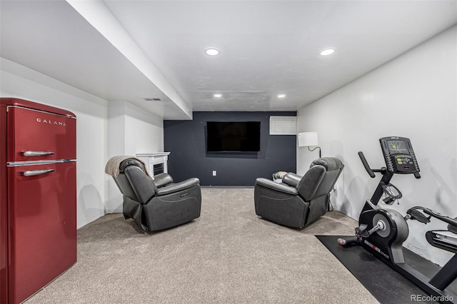 cinema with carpet floors, visible vents, and recessed lighting