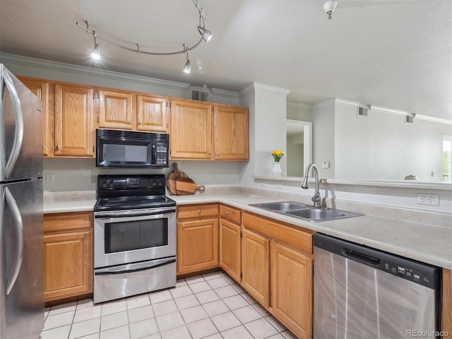 12348 W Dorado Pl Unit 204, Littleton, CO 80127 - kitchen with stainless steel appliances, a sink, light tile patterned floors, light countertops, and ornamental molding