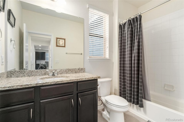 full bathroom with tile patterned flooring, vanity, shower / bathtub combination with curtain, and toilet