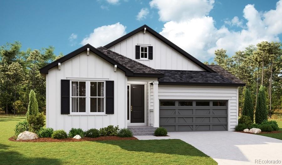 view of front of property with driveway, roof with shingles, an attached garage, a front lawn, and board and batten siding