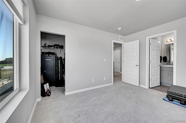 620 Apache Trl Unit A1, Ault, CO 80610 - unfurnished bedroom featuring carpet floors, a closet, connected bathroom, and a walk in closet