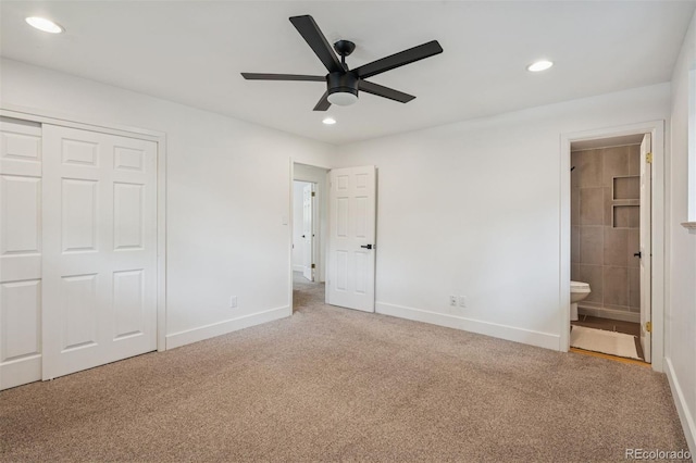 4634 W Tufts Cir, Denver, CO 80236 - unfurnished bedroom with carpet flooring, recessed lighting, ensuite bath, a closet, and ceiling fan