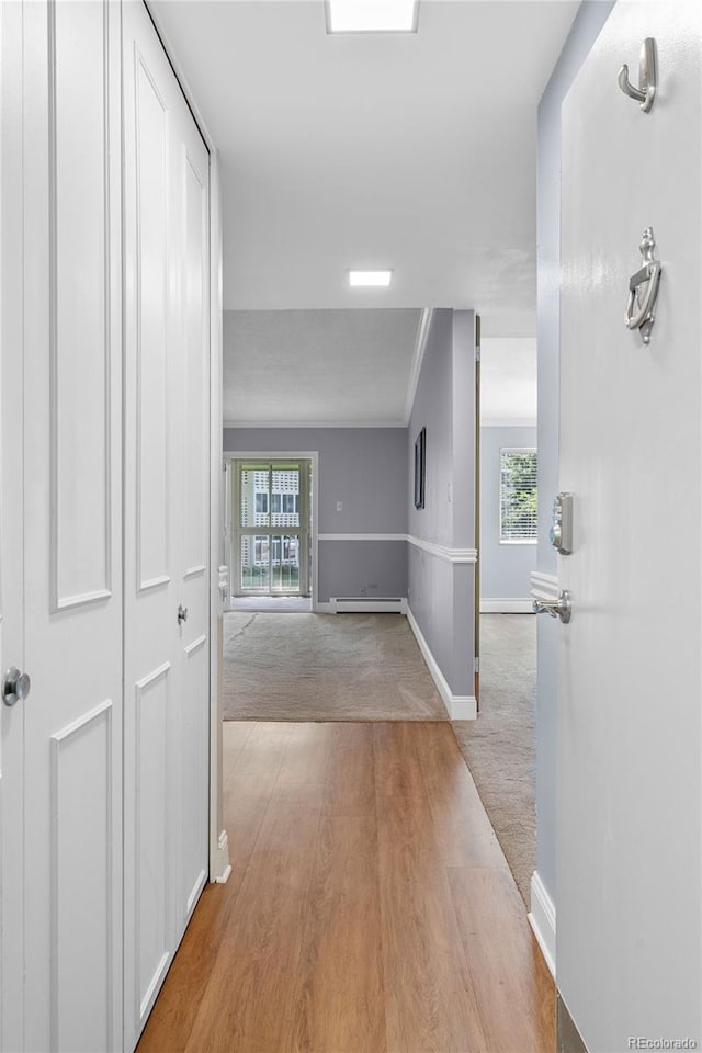 hall with a baseboard radiator, a healthy amount of sunlight, and light colored carpet