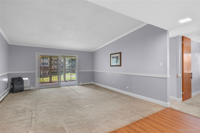 unfurnished living room featuring ornamental molding, baseboard heating, light carpet, and lofted ceiling