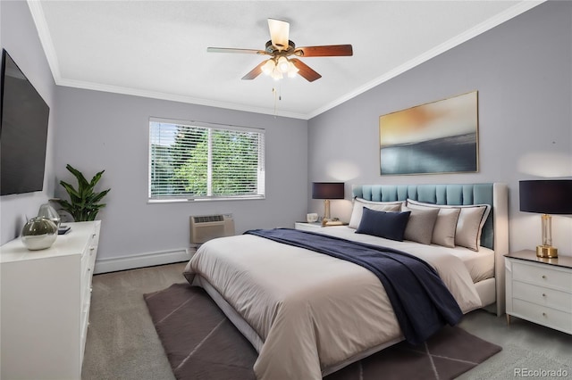 bedroom featuring carpet, ornamental molding, a wall mounted AC, and ceiling fan