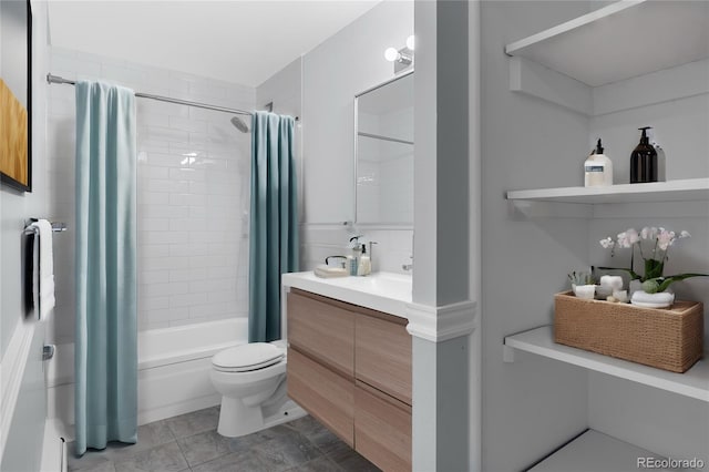 full bathroom with toilet, vanity, shower / bath combo, and tile patterned floors