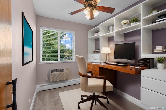 carpeted office with ceiling fan, a baseboard heating unit, and a wall mounted air conditioner