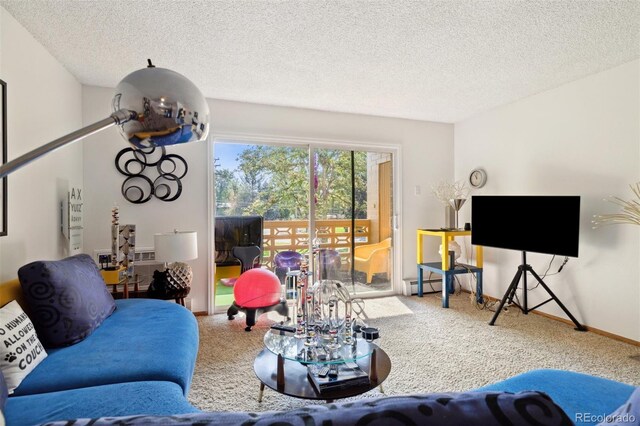 carpeted living area featuring baseboards, a textured ceiling, and baseboard heating