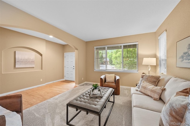18967 W 54th Ln, Golden, CO 80403 - carpeted living area featuring arched walkways, baseboards, and wood finished floors