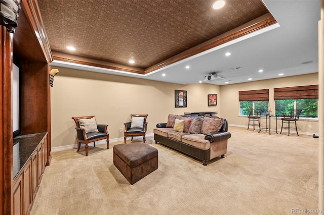 18967 W 54th Ln, Golden, CO 80403 - living room with a tray ceiling, light colored carpet, recessed lighting, and baseboards