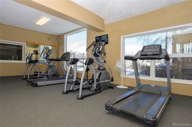 gym featuring carpet floors and a textured ceiling