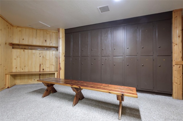 recreation room featuring carpet floors and wooden walls