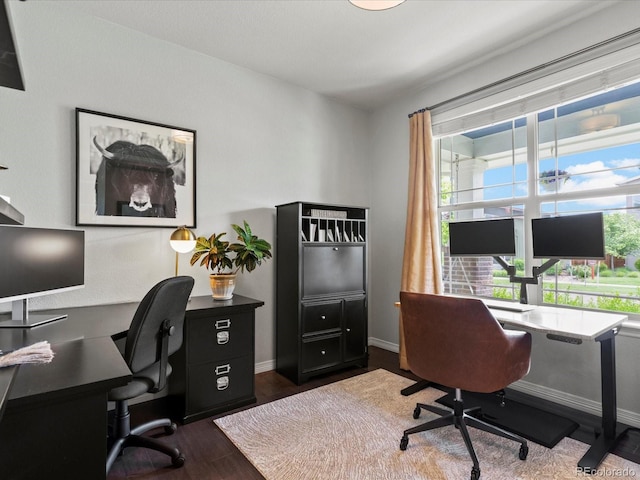 5445 Verbena St, Denver, CO 80238 - office area featuring dark wood-style flooring and plenty of natural light