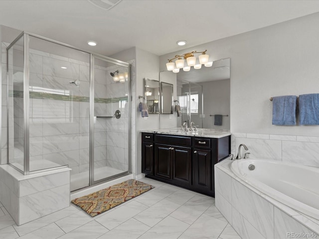 5445 Verbena St, Denver, CO 80238 - full bath featuring a garden tub, a shower stall, vanity, and recessed lighting