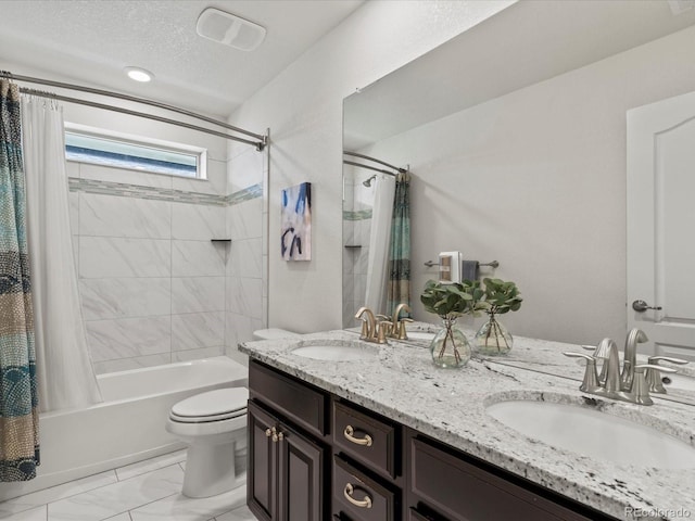 5445 Verbena St, Denver, CO 80238 - bathroom with shower / bath combo, double vanity, and marble finish floors