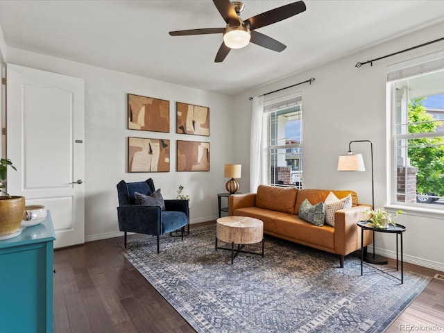 5445 Verbena St, Denver, CO 80238 - living room featuring dark wood-style flooring and a ceiling fan