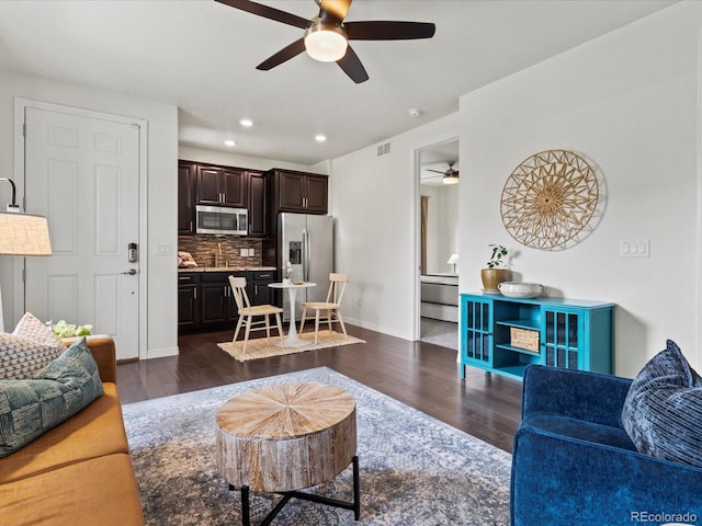 5445 Verbena St, Denver, CO 80238 - living room featuring ceiling fan, dark wood-type flooring, and recessed lighting