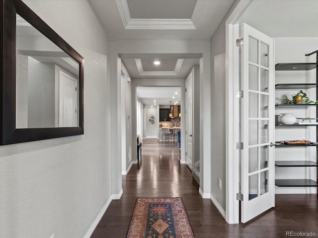 5445 Verbena St, Denver, CO 80238 - corridor with a tray ceiling, wood finished floors, and crown molding