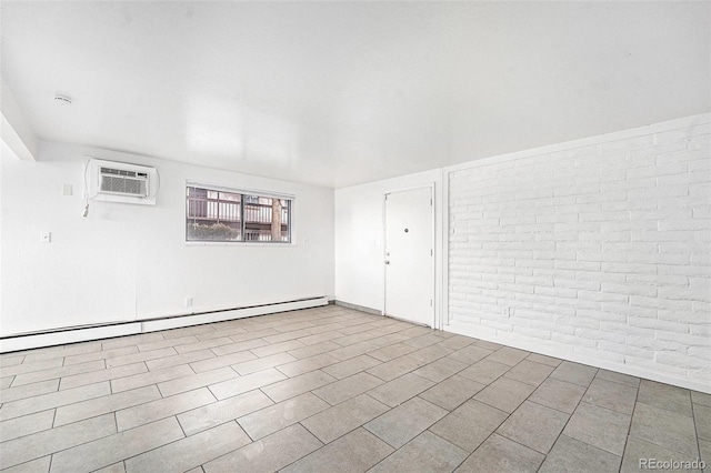 unfurnished room featuring brick wall, a wall mounted AC, and baseboard heating