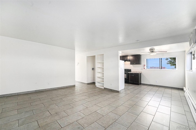 unfurnished living room with built in shelves, a baseboard radiator, ceiling fan, and light tile patterned flooring