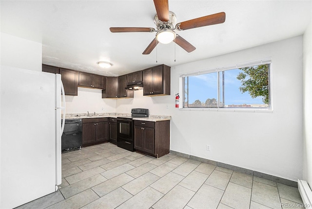 kitchen featuring light tile patterned flooring, black appliances, sink, ceiling fan, and dark brown cabinetry