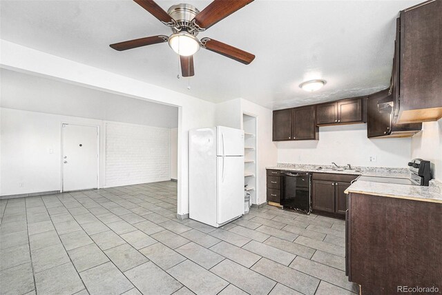 kitchen with dishwasher, stove, dark brown cabinets, white refrigerator, and light tile patterned flooring