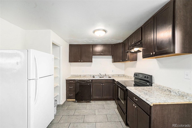 kitchen featuring sink, light tile patterned floors, dark brown cabinetry, and black appliances