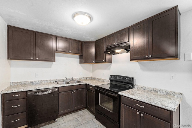 kitchen with sink, dark brown cabinetry, black appliances, light stone countertops, and light tile patterned flooring