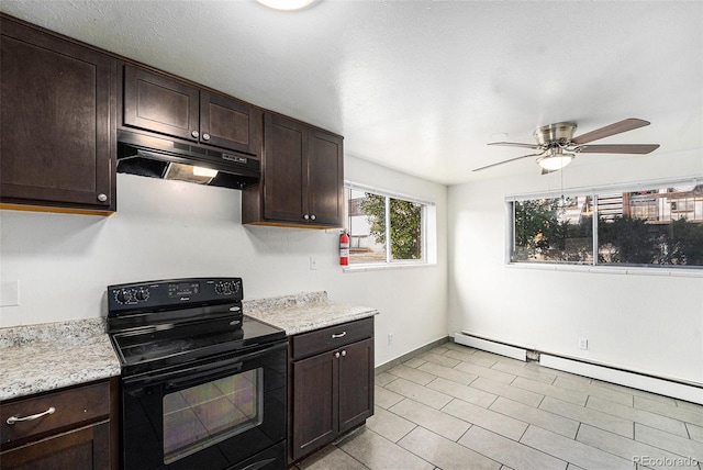 kitchen featuring dark brown cabinetry, black electric range oven, light tile patterned floors, ceiling fan, and a baseboard heating unit