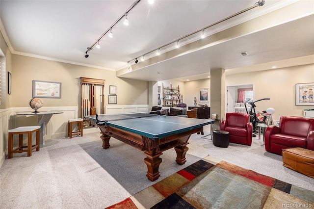6500 W Mansfield Ave Unit 39, Denver, CO 80235 - game room with carpet flooring, track lighting, wainscoting, crown molding, and a decorative wall