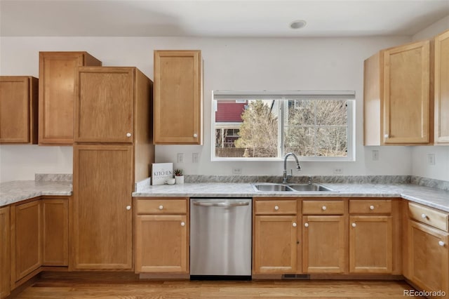 2336 Klein Pl, Colorado Springs, CO 80951 - kitchen with light countertops, light wood-style floors, stainless steel dishwasher, and a sink