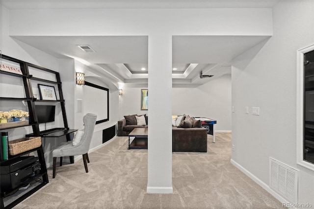 office area with recessed lighting, baseboards, visible vents, and carpet floors