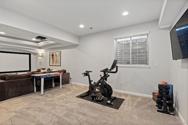 workout room featuring visible vents, recessed lighting, carpet, and baseboards