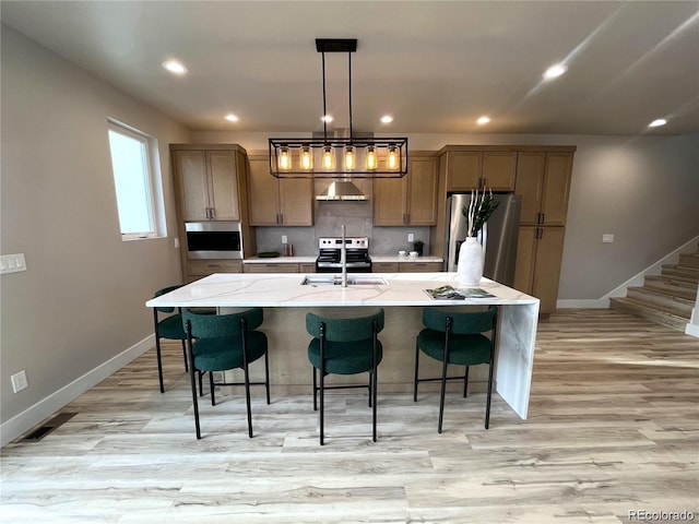 kitchen featuring stainless steel appliances, tasteful backsplash, a kitchen breakfast bar, a large island with sink, and decorative light fixtures