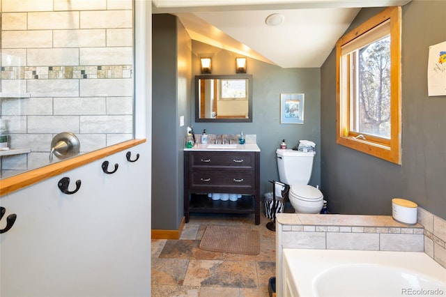 400 W Galena, Moffat, CO 81131 - full bathroom with a bath, vanity, stone finish floors, and vaulted ceiling