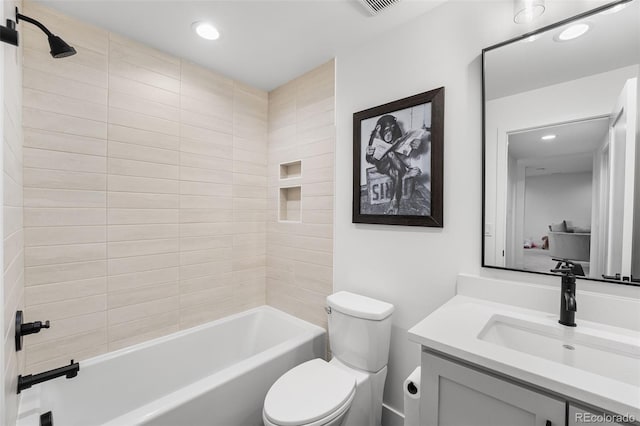 full bath featuring recessed lighting, bathtub / shower combination, visible vents, toilet, and vanity