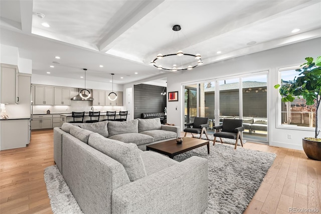 2255 S Monroe St, Denver, CO 80210 - living area featuring light wood-type flooring, beam ceiling, recessed lighting, and a chandelier