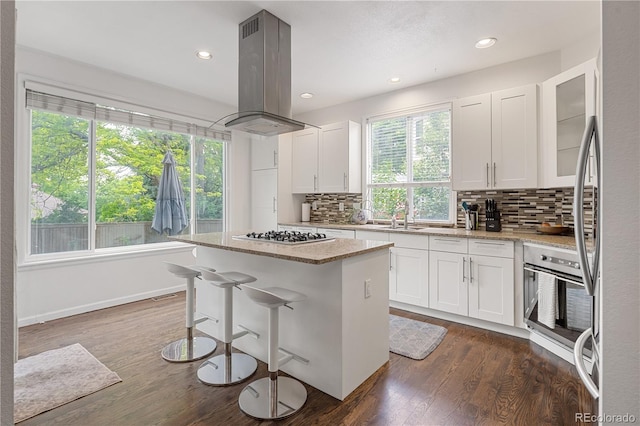 2249 Weatherstone Cir, Highlands Ranch, CO 80126 - kitchen featuring island exhaust hood, appliances with stainless steel finishes, a center island, backsplash, and recessed lighting