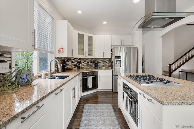 2249 Weatherstone Cir, Highlands Ranch, CO 80126 - kitchen featuring stainless steel appliances, range hood, dark wood-style floors, light stone countertops, and glass insert cabinets