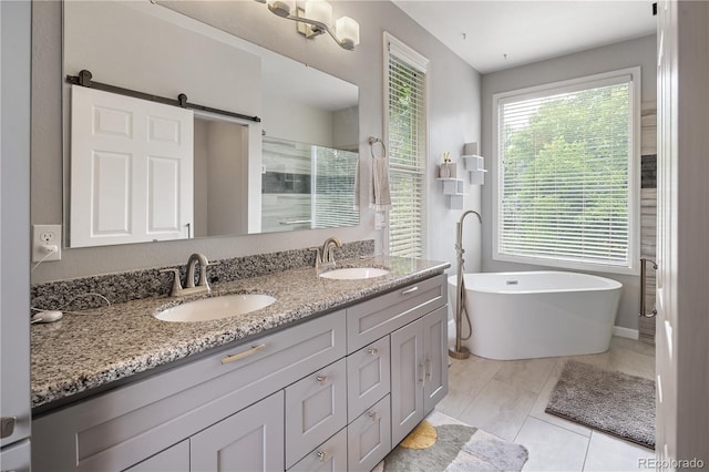 2249 Weatherstone Cir, Highlands Ranch, CO 80126 - bathroom with a stall shower, double vanity, a freestanding tub, and plenty of natural light