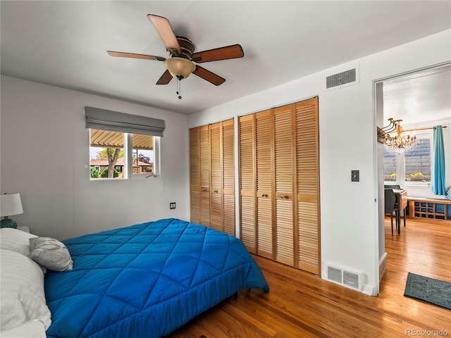 bedroom with two closets, a chandelier, wood finished floors, and multiple windows