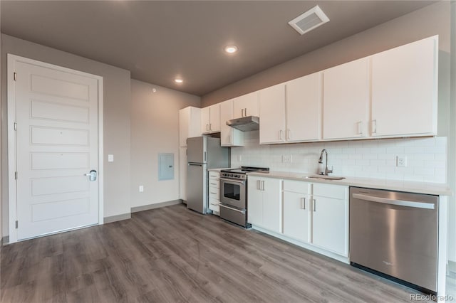 kitchen with white cabinets, light hardwood / wood-style flooring, sink, tasteful backsplash, and appliances with stainless steel finishes