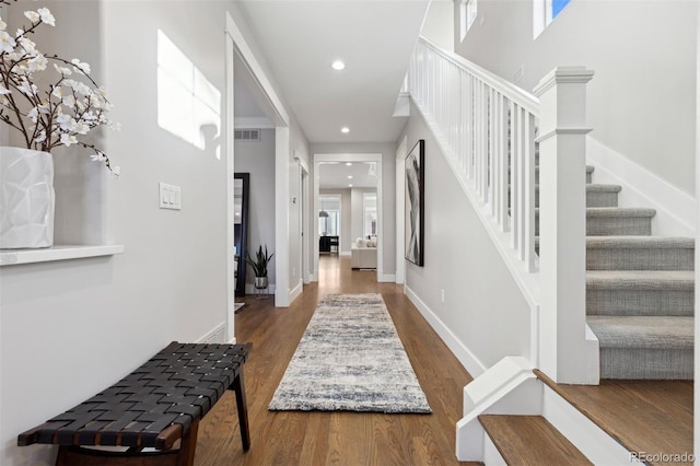 foyer entrance featuring dark wood-type flooring